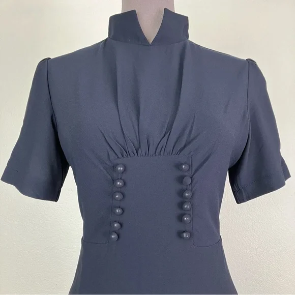 Lindy Bop 1940s Navy Blue Amelia Vintage Collared A-line Midi Dress UK 10 Small - Picture 4 of 15